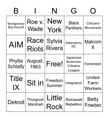 1960's Bingo Card