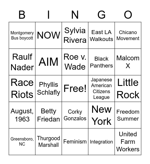 1960's Bingo Card