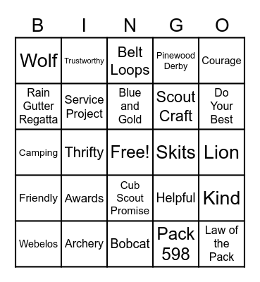 Pack 598 Bingo Card