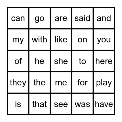 Preschool Sight Words Bingo Card