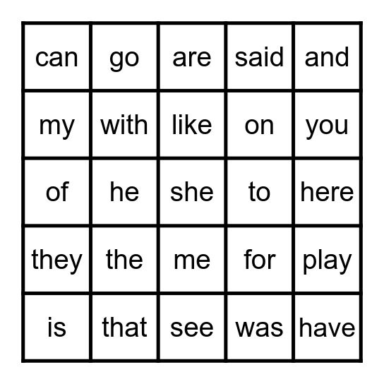 Preschool Sight Words Bingo Card