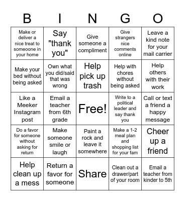 Random Acts of Kindness Bingo Card