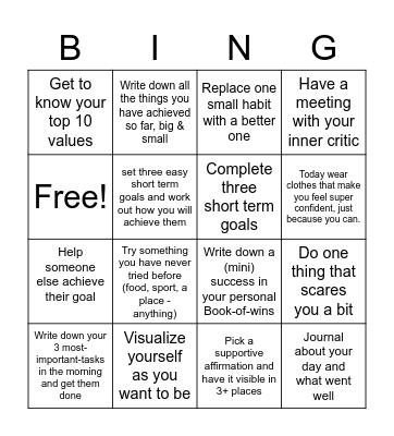 Self Conficence Bingo Card