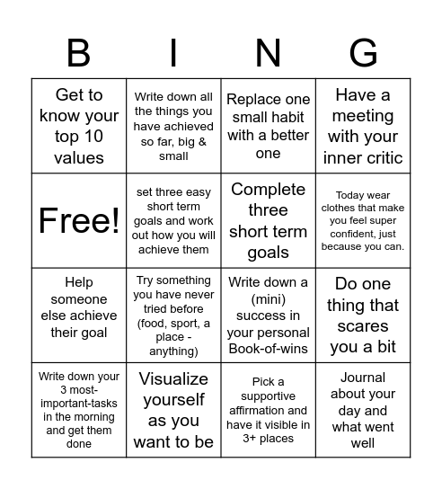 Self Conficence Bingo Card