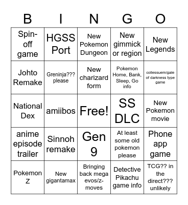 Pokemon Direct Feb 2021 Bingo Card