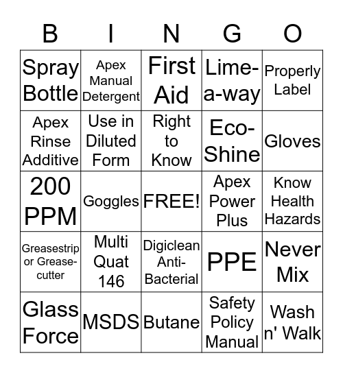 Safety Bingo Card