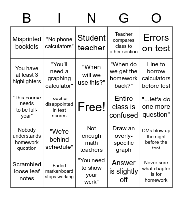 Math Class Bingo Card