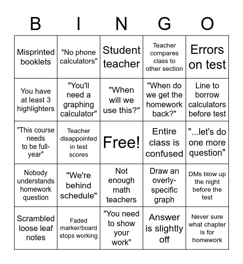 Math Class Bingo Card