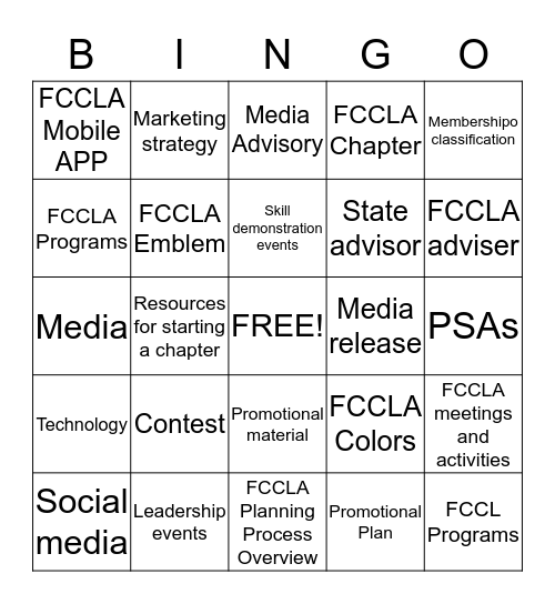 FCCLA Bingo Game Bingo Card