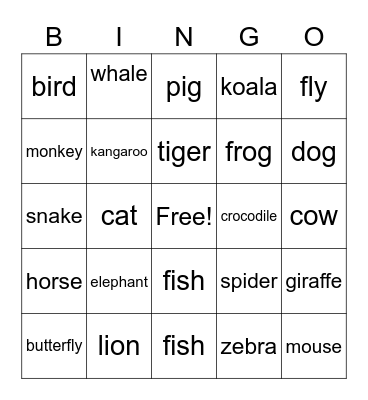 Animals Bingo Card
