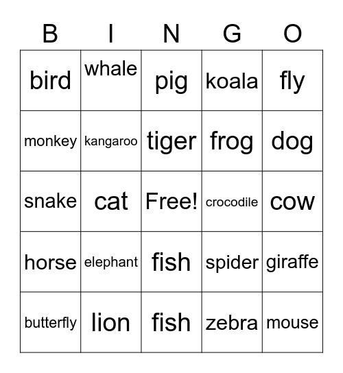 Animals Bingo Card