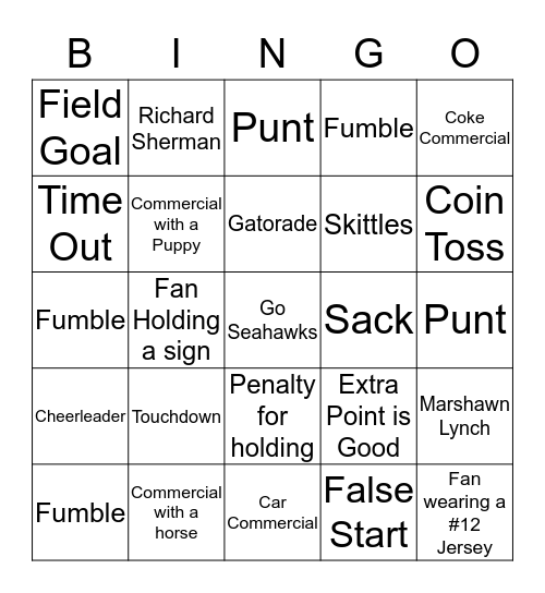 Seahawks vs. Paitriots 2014 Bingo Card