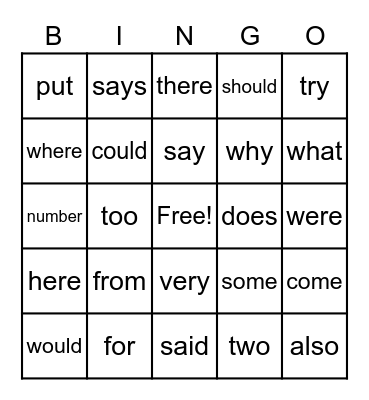 Trick Words Bingo Card