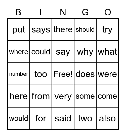 Trick Words Bingo Card