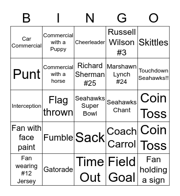Seahawks vs Patriots 2015 Bingo Card