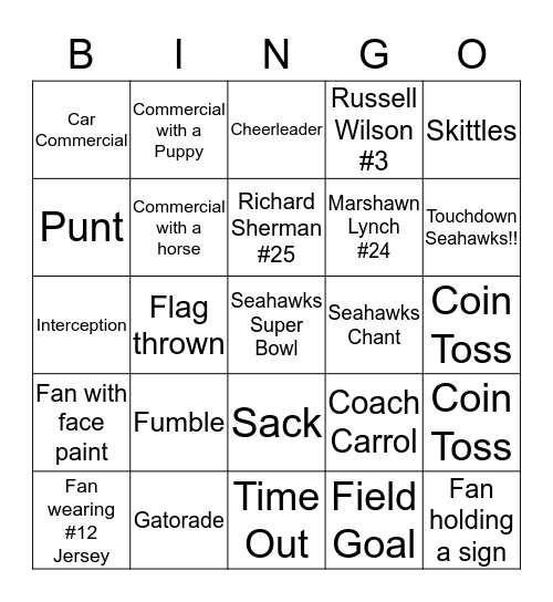 Seahawks vs Patriots 2015 Bingo Card