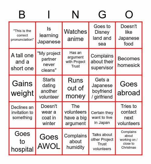 Project Trust Japan Volunteer Bing Bingo Card