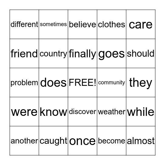 High Frequency Words Bingo Card