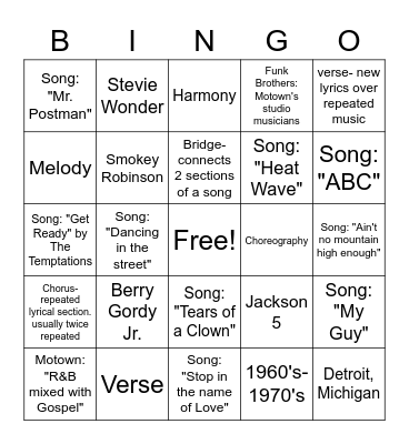 Motown Bingo Card