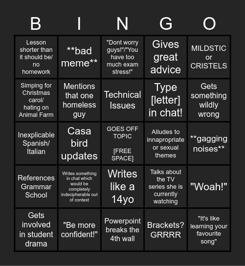 Miss Bird Lesson Bingo Card