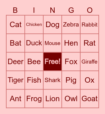 Animal Bingo game Bingo Card