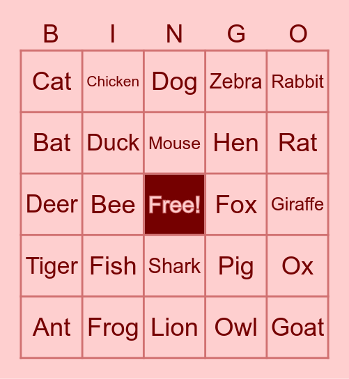 Animal Bingo game Bingo Card