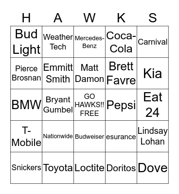 Super Bowl Commercial Bingo Card