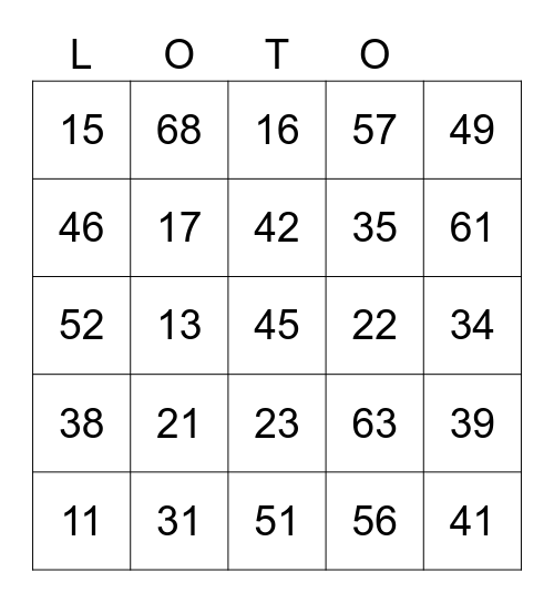 Les Numéros 0 -69 Bingo Card