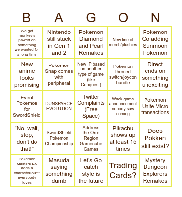 Pokemon Direct Bingo Card