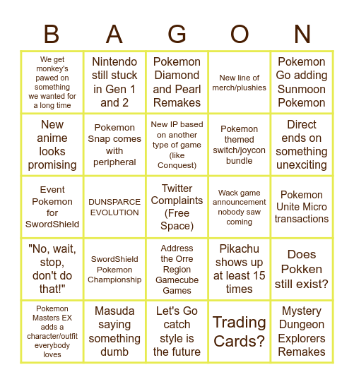 Pokemon Direct Bingo Card