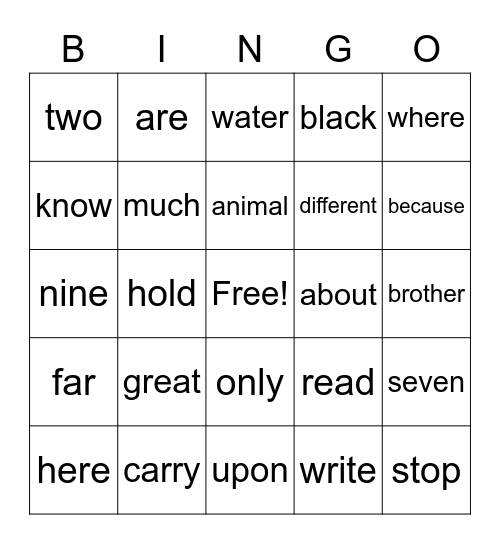 Sight Word Bingo Card