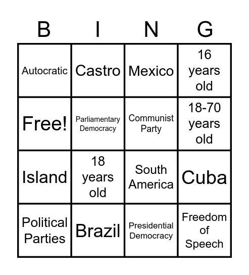 Latin America Government Bingo Card