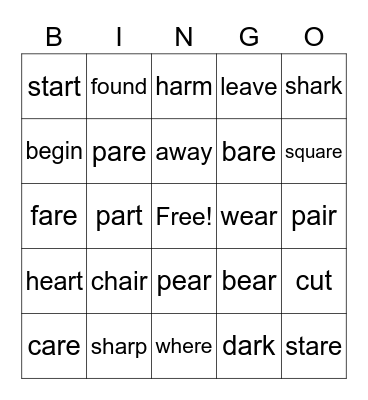 Spelling Words -2/26 Bingo Card