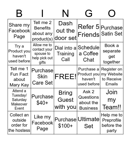 Mary Kay Bingo Card