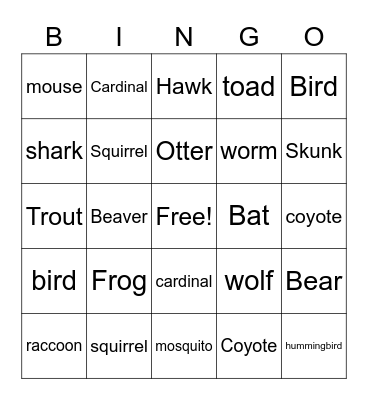 Wisconsin Wild Animals Bingo Card