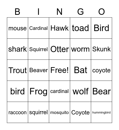 Wisconsin Wild Animals Bingo Card