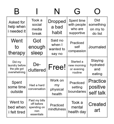 Self Care Bingo Card