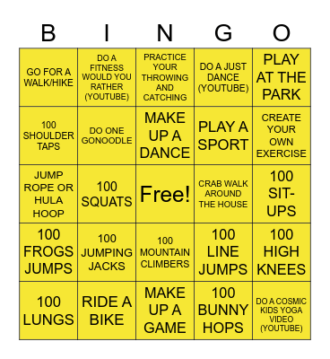 Fitness Bingo Card