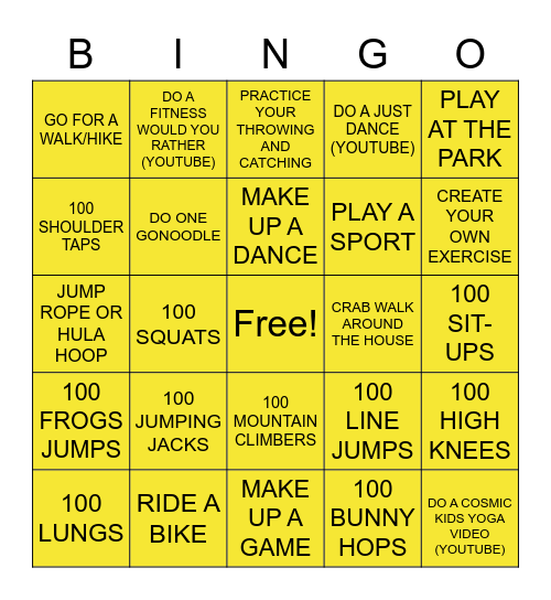 Fitness Bingo Card