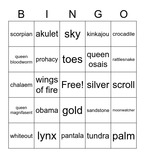 Wings of Fire Bingo Card