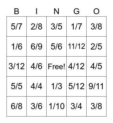 Fraction Bingo Card