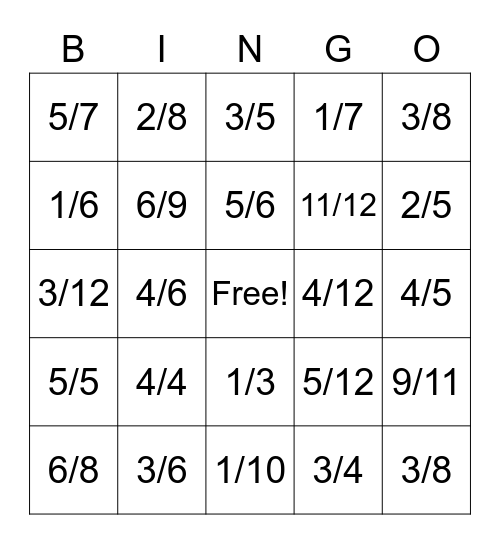 Fraction Bingo Card