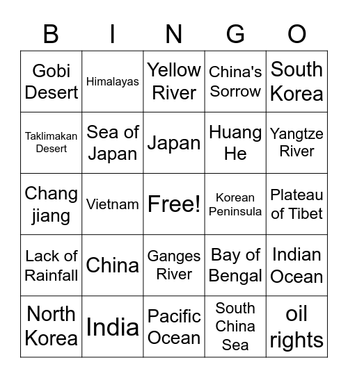 Geography of South and East Asia Bingo Card