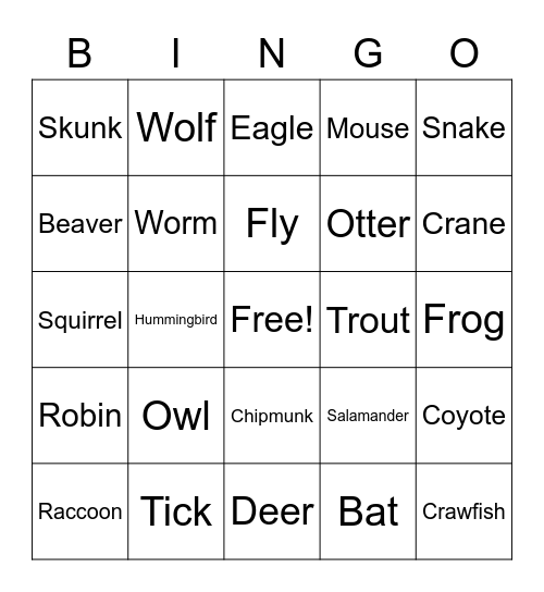 Wisconsin Wild Animals Bingo Card