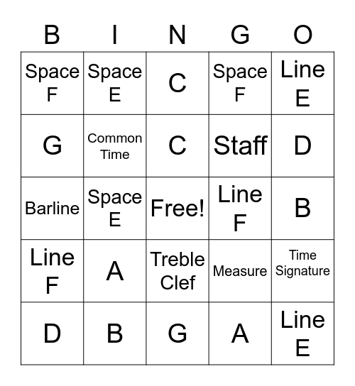 Note Names and Music Symbols Bingo Card