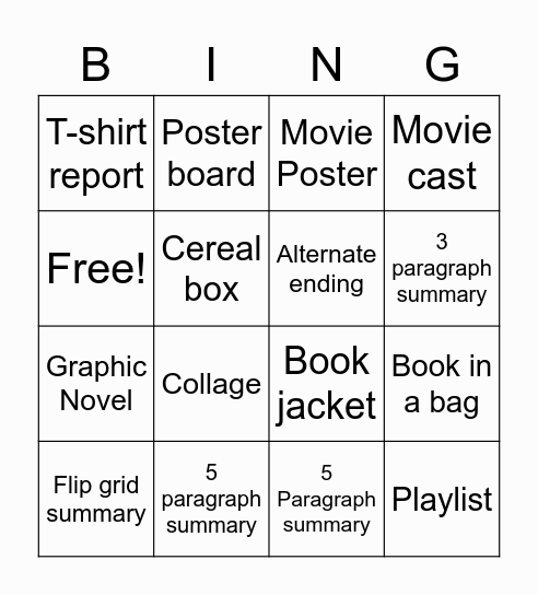 Independent Reading Projects Bingo Card