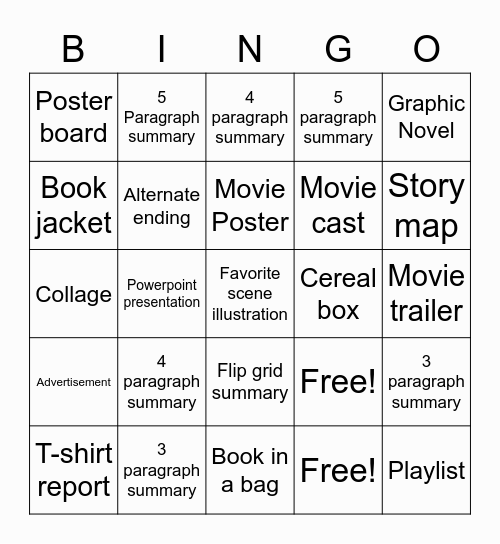 Independent Reading Projects Bingo Card
