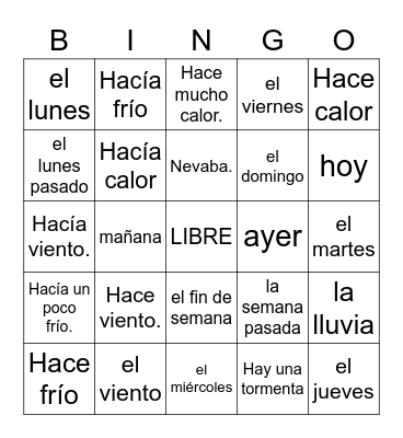 Calendario y Tiempo Bingo Card