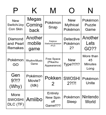 Pokemon Presents Bingo Card