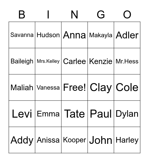 Classmates names Bingo Card